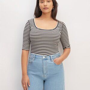 Everlane The Luxe Rib Scoop-Neck Tee, Black & White Striped, Size Large